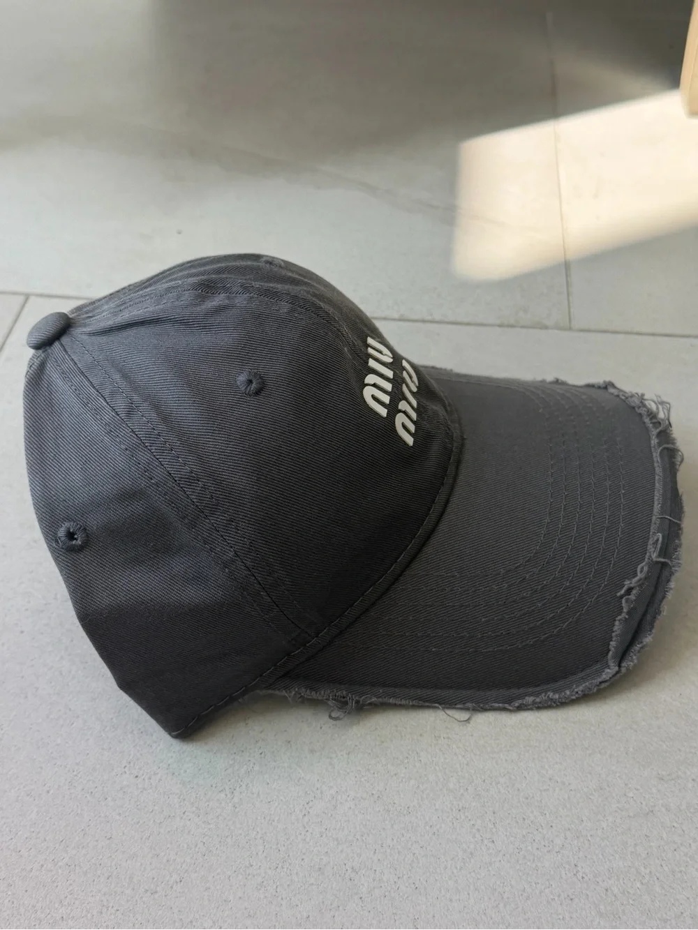 Designer Dark Gray Distressed White Logo Baseball Cap Adjustable Cotton Hat NWT